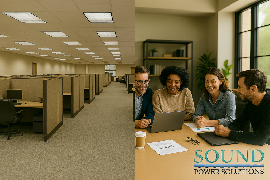 Transform from half-empty cubicles to highly engaged collaboration rooms.