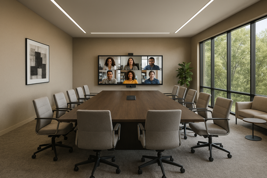 Large collaboration rooms should have multi-camera set-ups for speaker tracking, advanced audio systems and multiple displays for easy participant visibility.