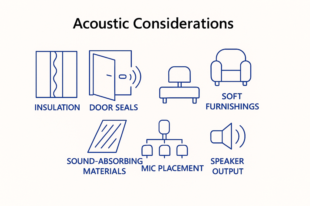 Soft furnishings, sound-absorbing materials, microphone and speaker placement are all key for an effective collaboration room