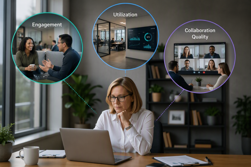It is important to measure team engagement, collaboration quality and office utilization when reflecting on hybrid workplace success.