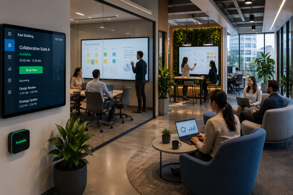 Future of Hybrid Work includes offices that are composed of multiple collaboration areas, not cubicles and desks to people to sit at alone all day.